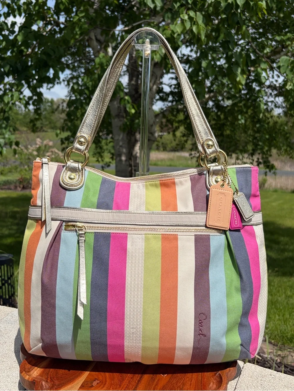 Coach Poppy Glam Tote Legacy Stripe Sequin 19021 Like New
